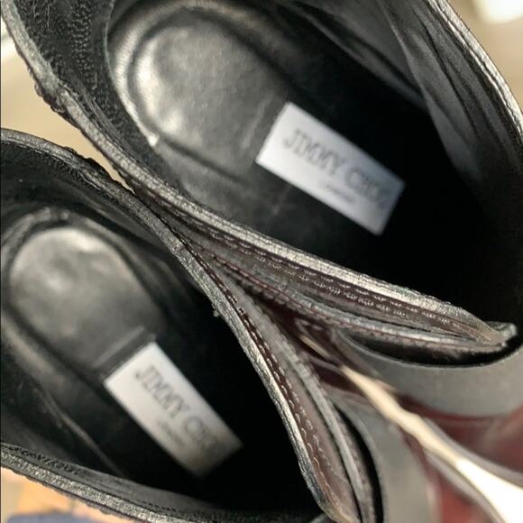 JIMMY CHOO Mazzy 110 Bordeaux Black Shiny Leather Booties Heels - Picture 7 of 8